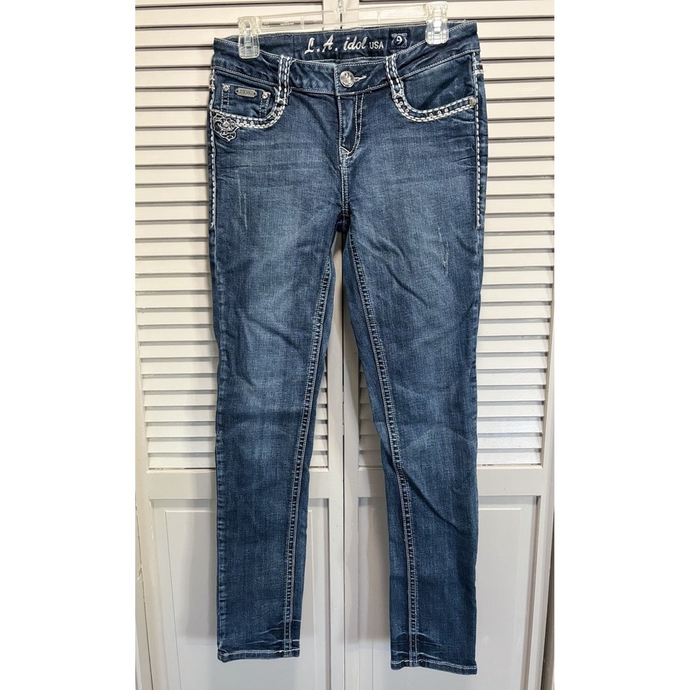 L.A Idol Denim Jeans Size 9 Skinny Gems Stitching Roses Low Rise Zip